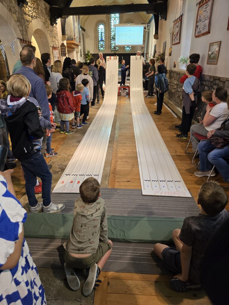 Families and children watch two long white pinewood derby tracks marked "Finish" .