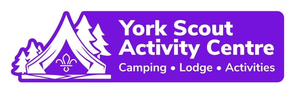 York Scout Activity Centre logo - white tent, trees and Scout fleur-de-lis on purple, with the strapline "Camping · Lodge · Activities".